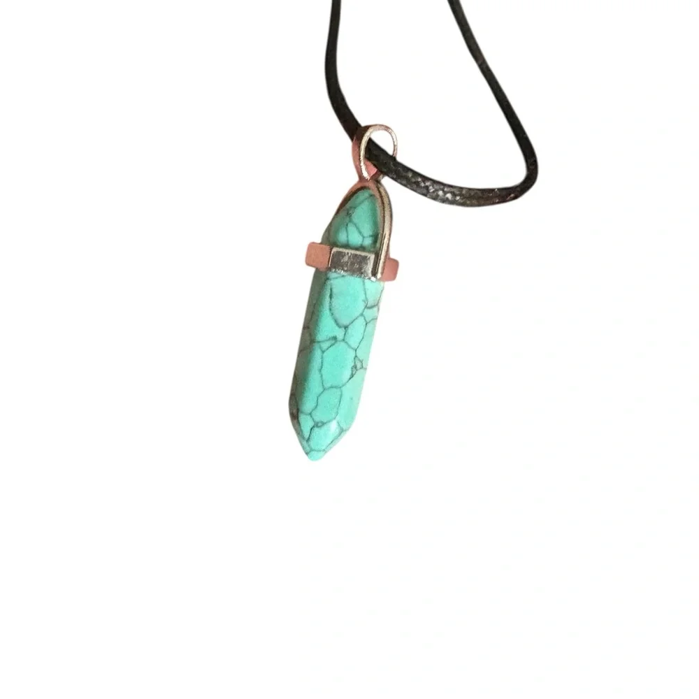 Turquoise Point Pendant Necklace – Faux Leather Cord,‎ Silver-Tone, 18”